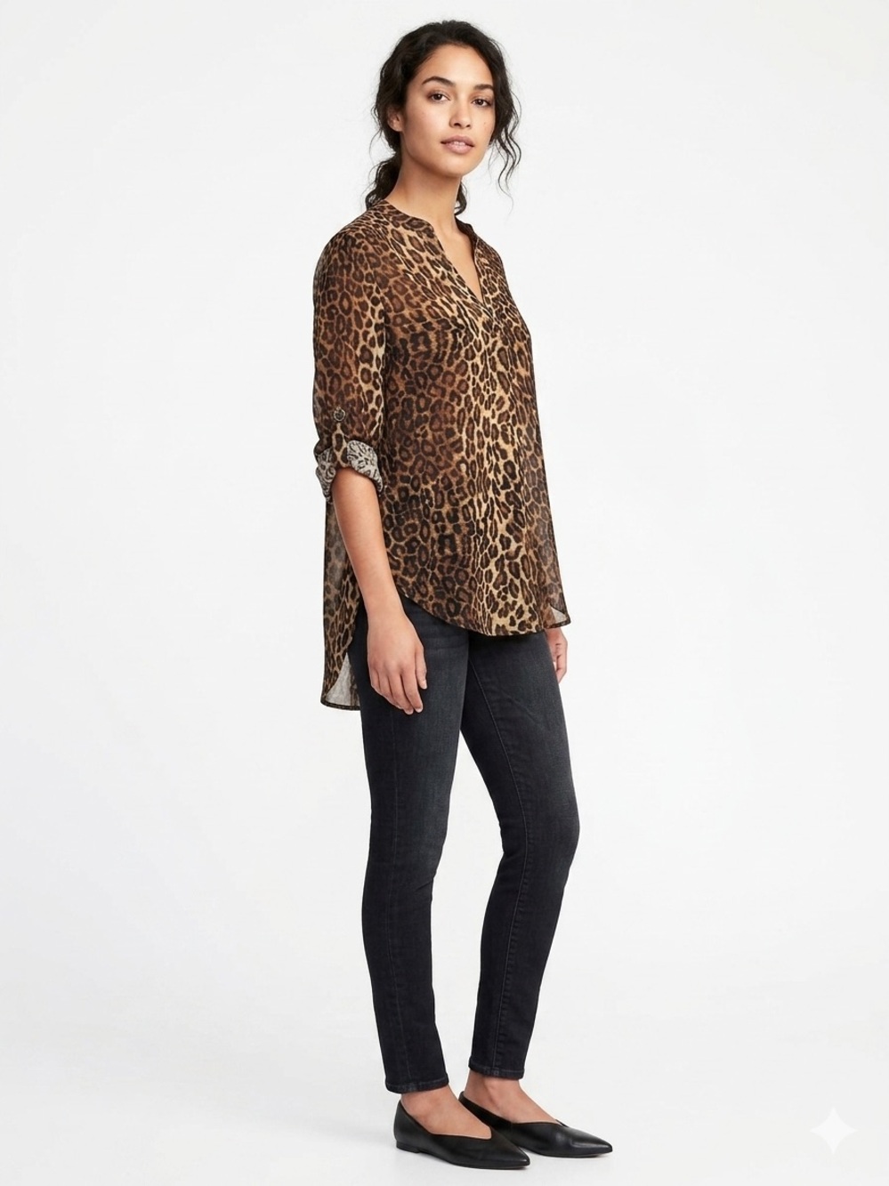 Ultra Flirt NWOT Leopard Print V-Neck Blouse - Brown Tab Sleeve No Stretch